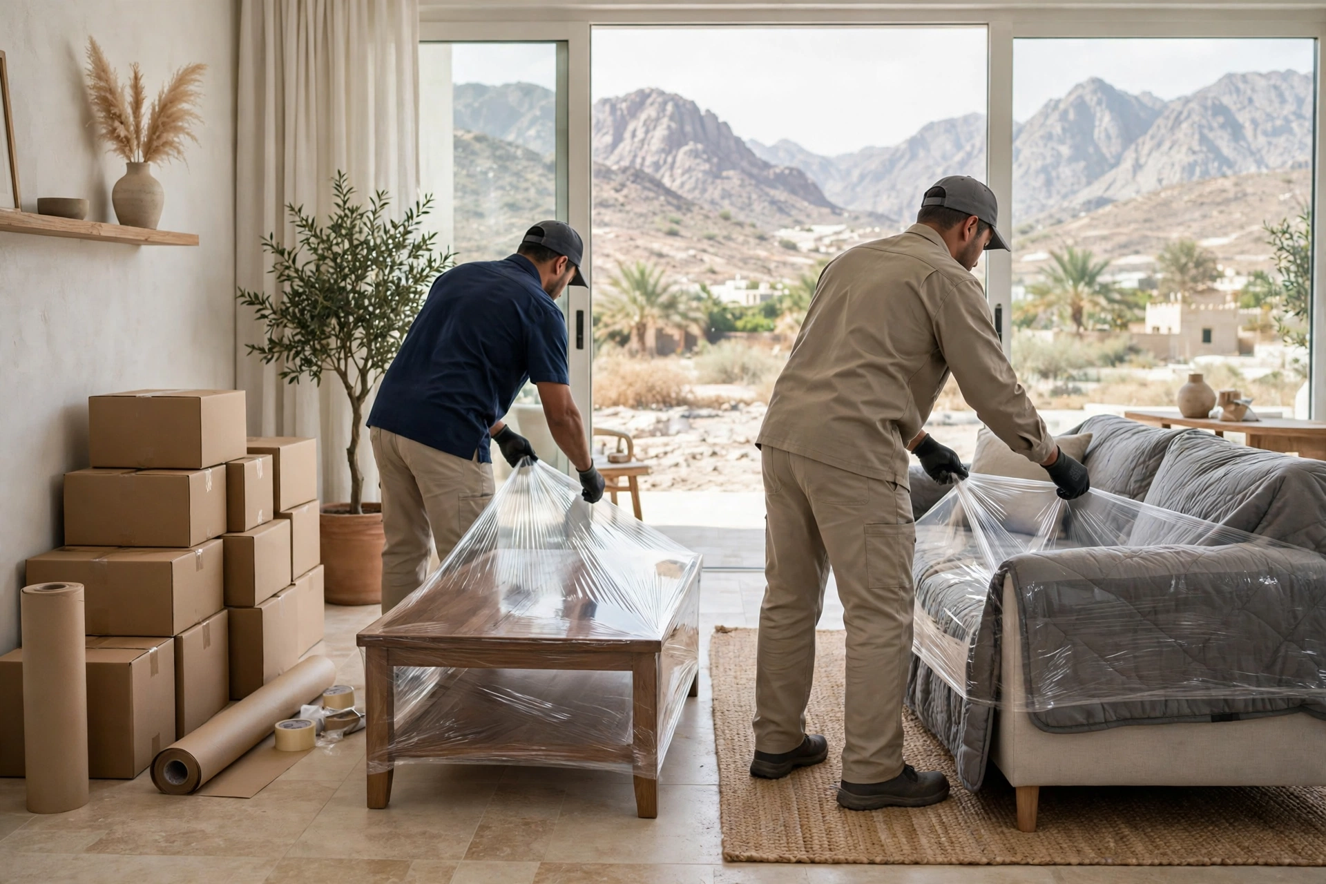 Movers carrying a wrapped sofa through a doorway in Wadi Shees, Khor Fakkan