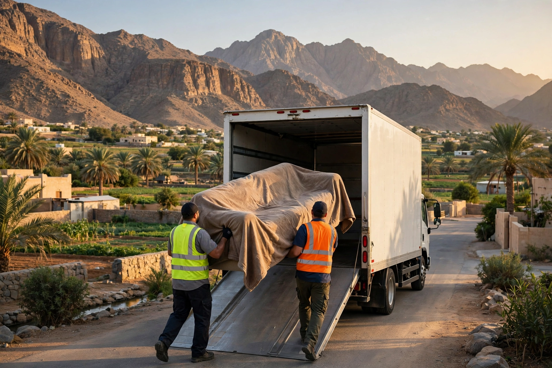 Packed and labelled boxes ready in a bright living room in Wadi Shees, Khor Fakkan