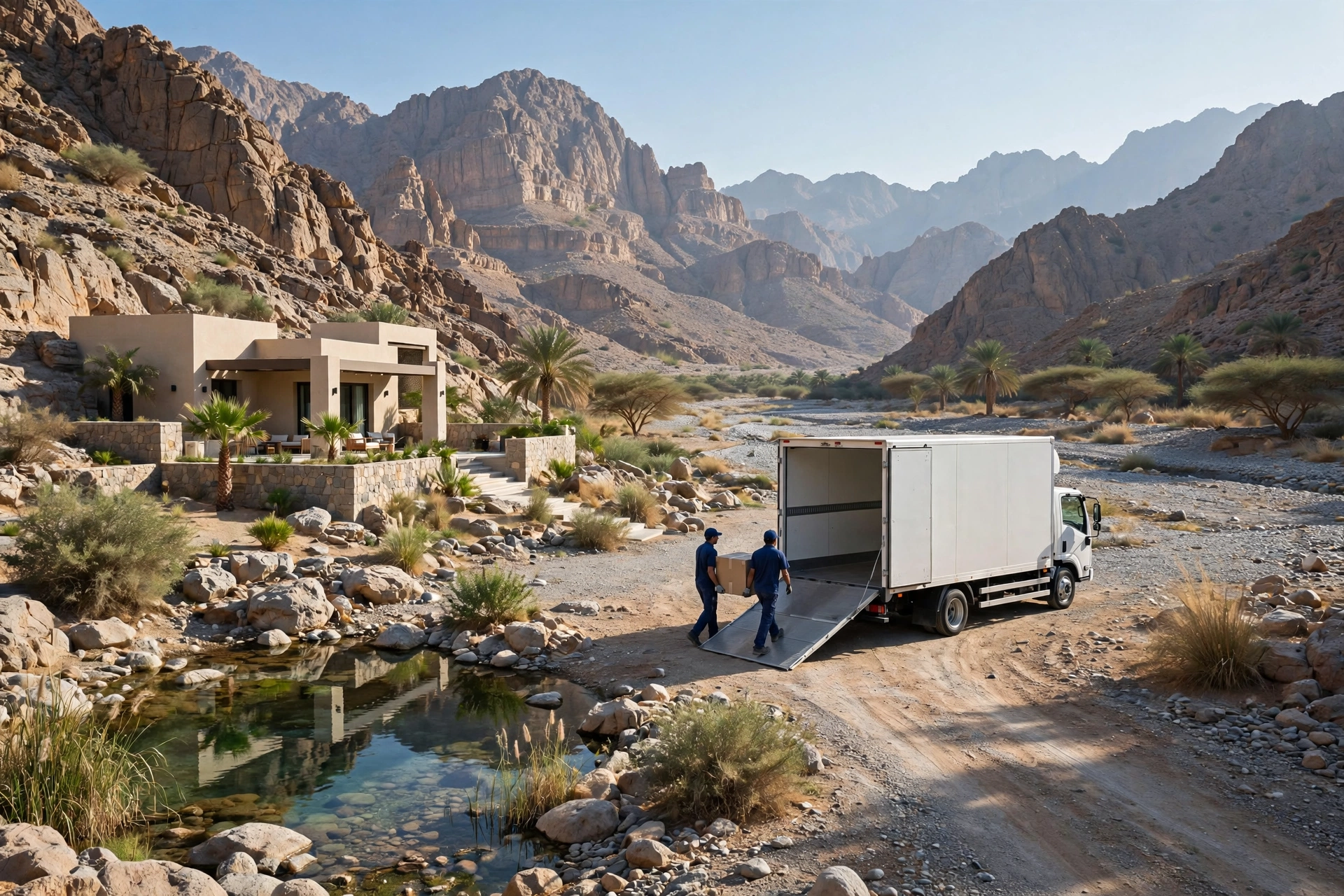 Movers loading a plain white truck outside a family villa in Wadi Wurayah, Dibba