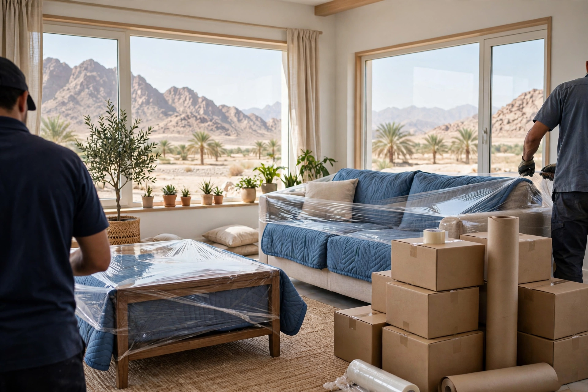 Movers carrying a wrapped sofa through a villa gate in Wadi Wurayah, Dibba