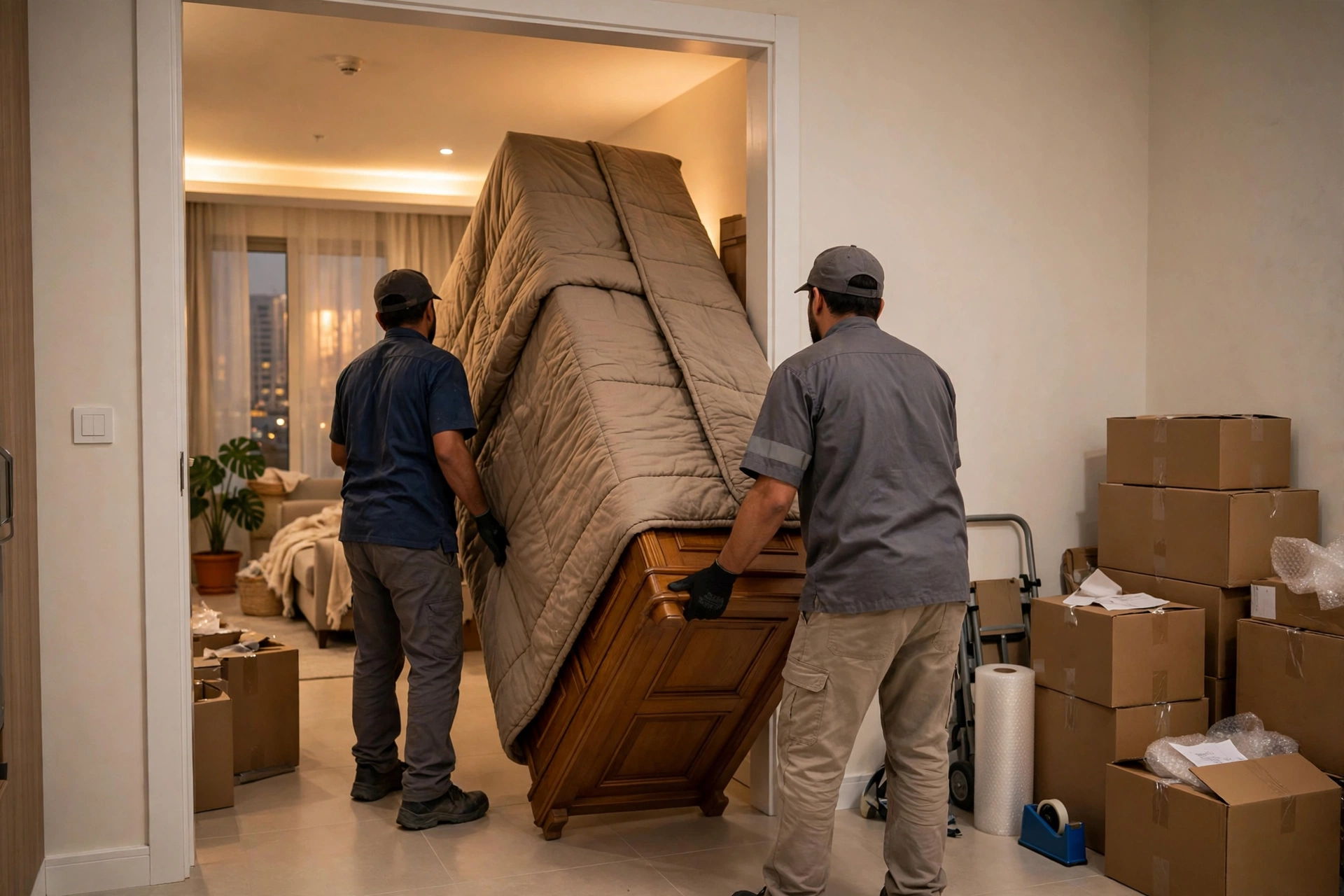 Movers carrying a wrapped wardrobe into a building in Al Khalidiyah
