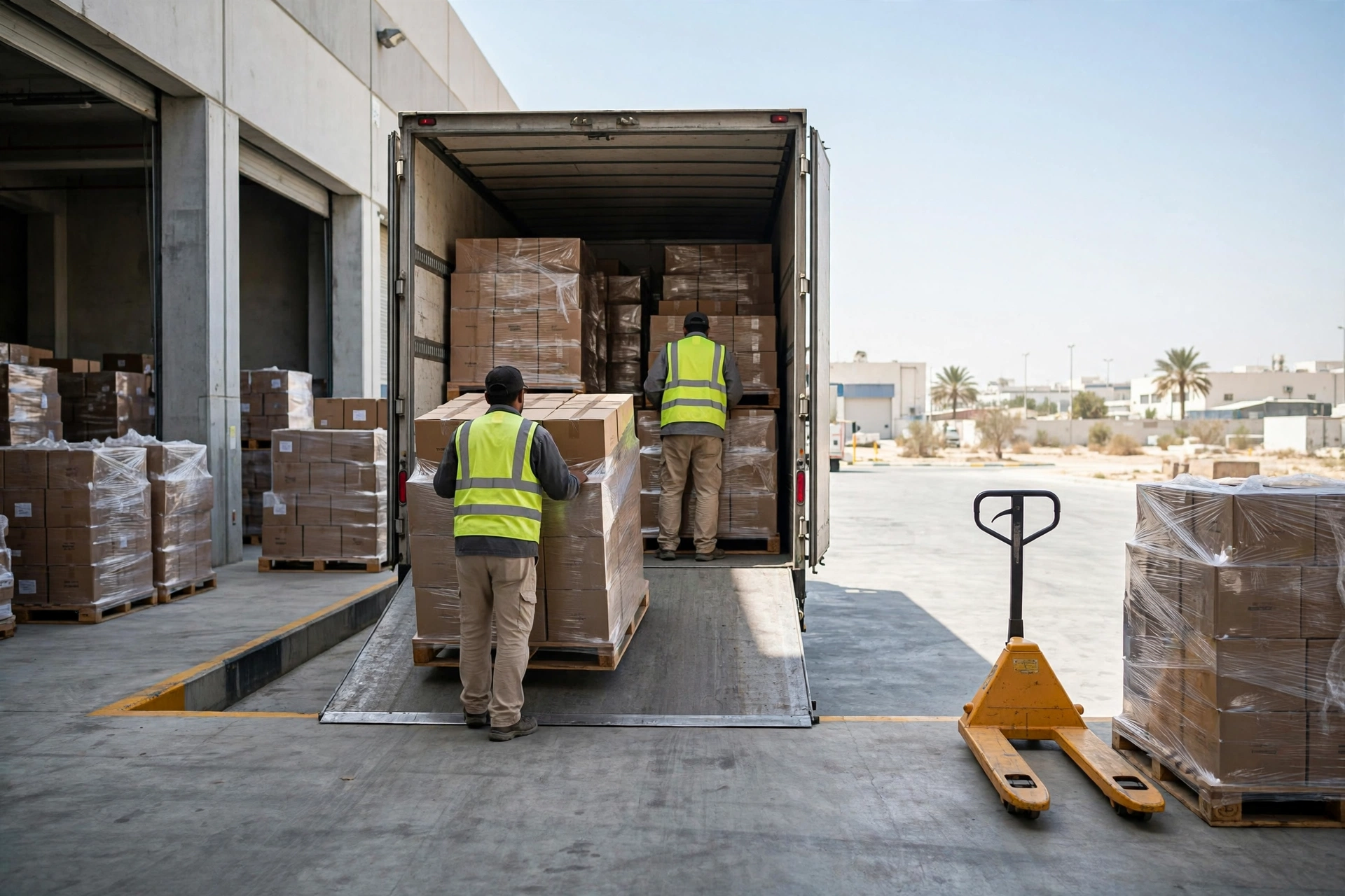 Movers loading wrapped office furniture at a Mussafah warehouse bay