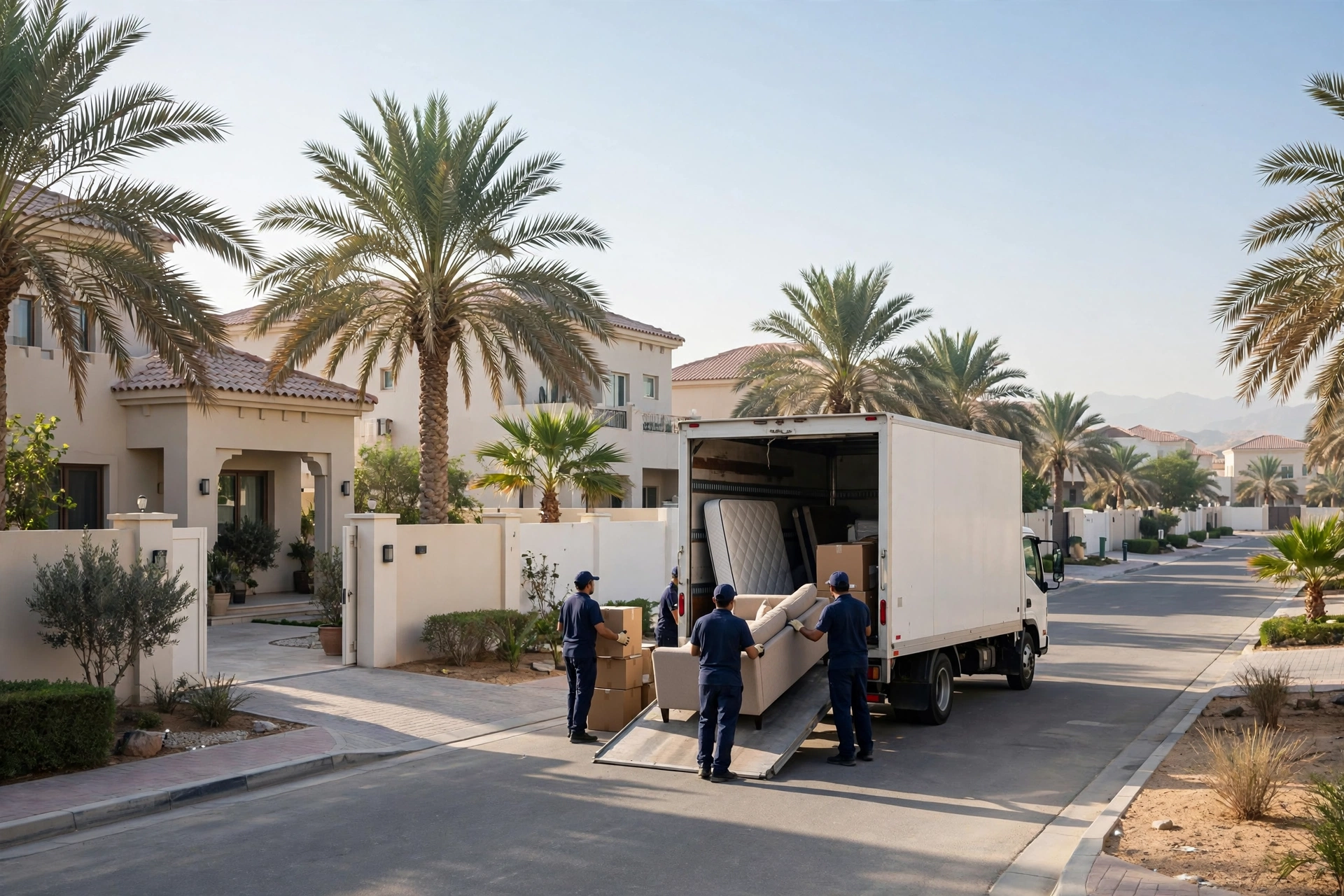 Movers loading a plain white truck outside a family villa in Zakher, Al Ain