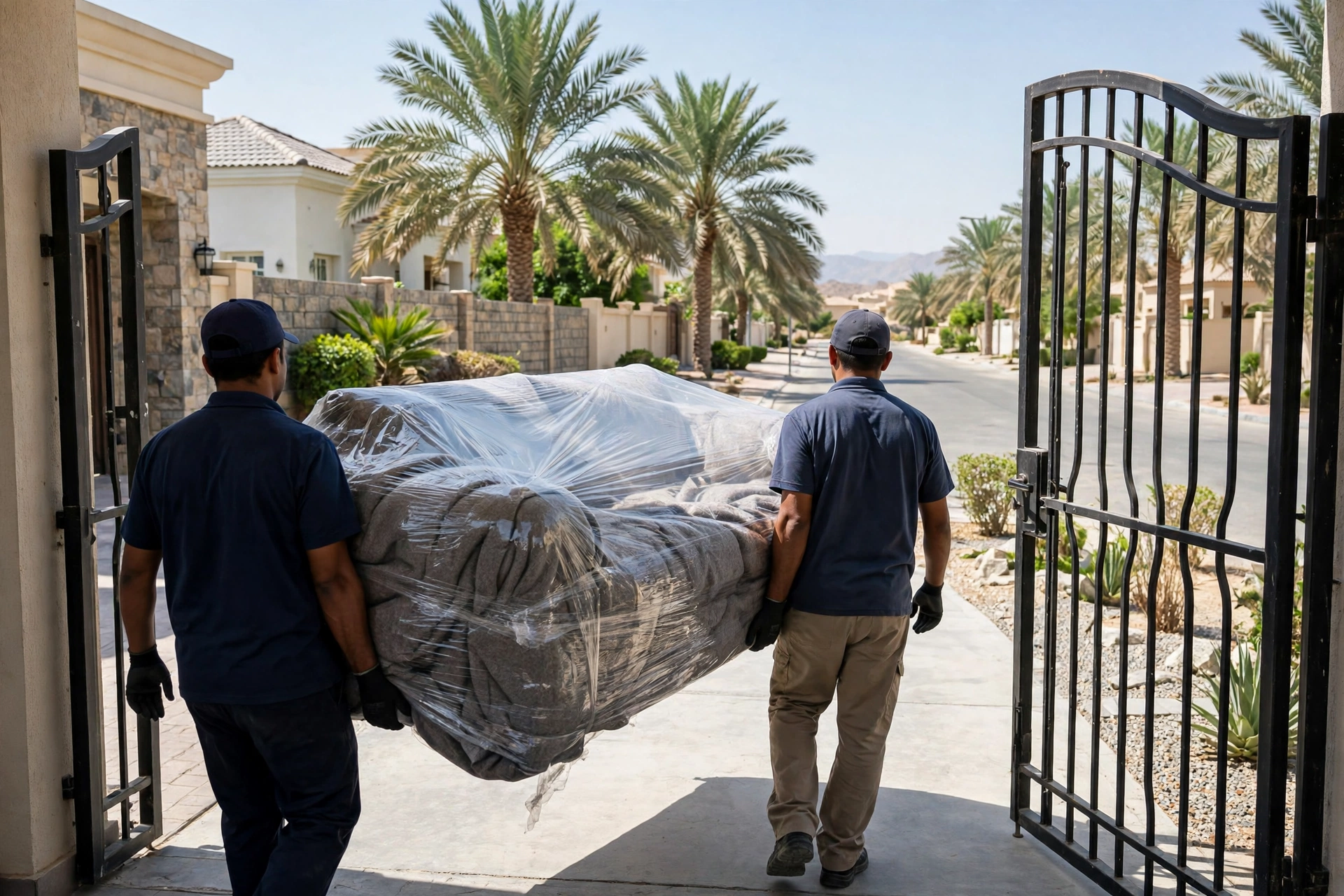 Movers carrying a wrapped sofa through a villa gate in Zakher, Al Ain