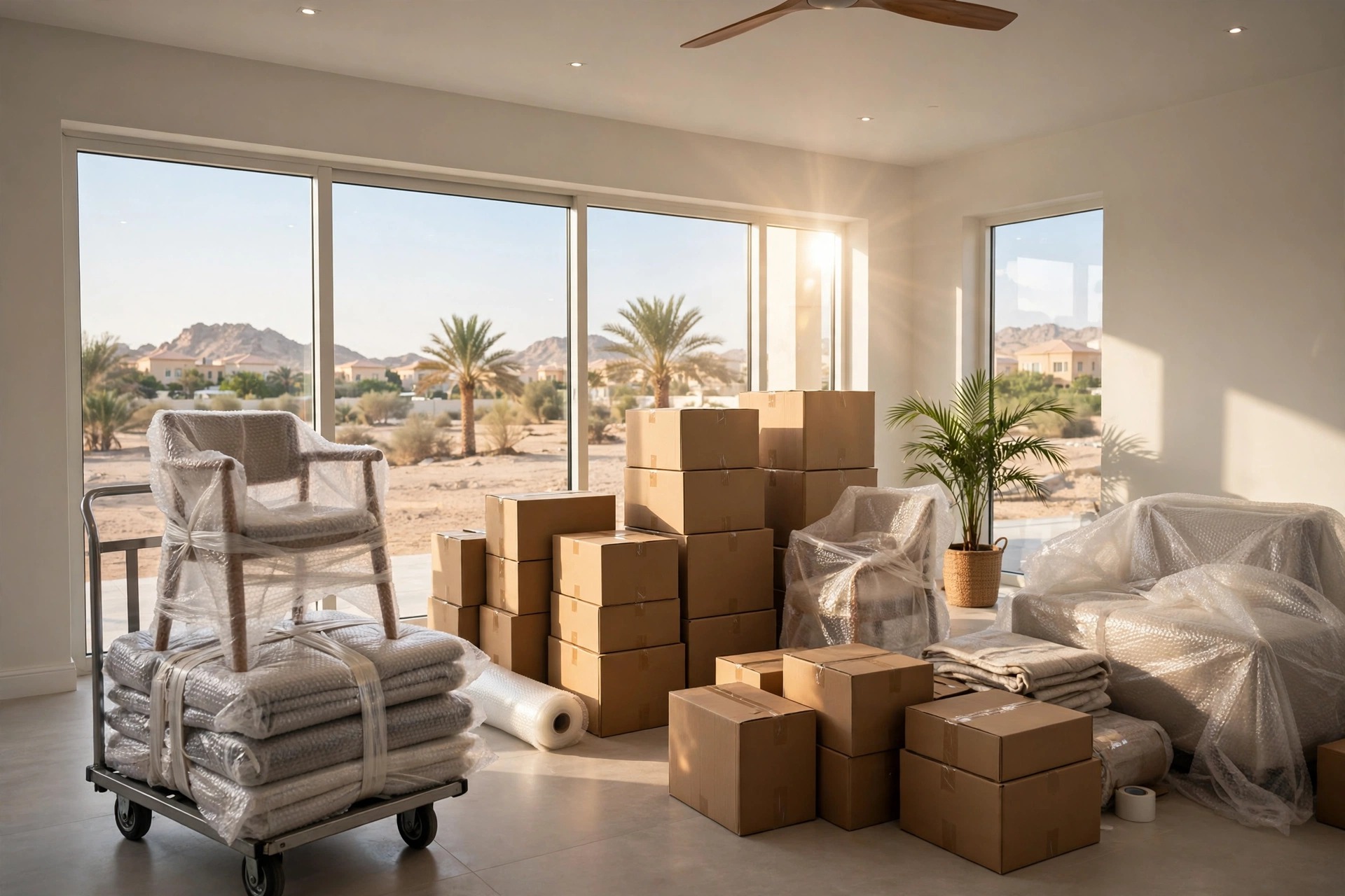 Packed and labelled boxes in a bright living room in Zakher, Al Ain