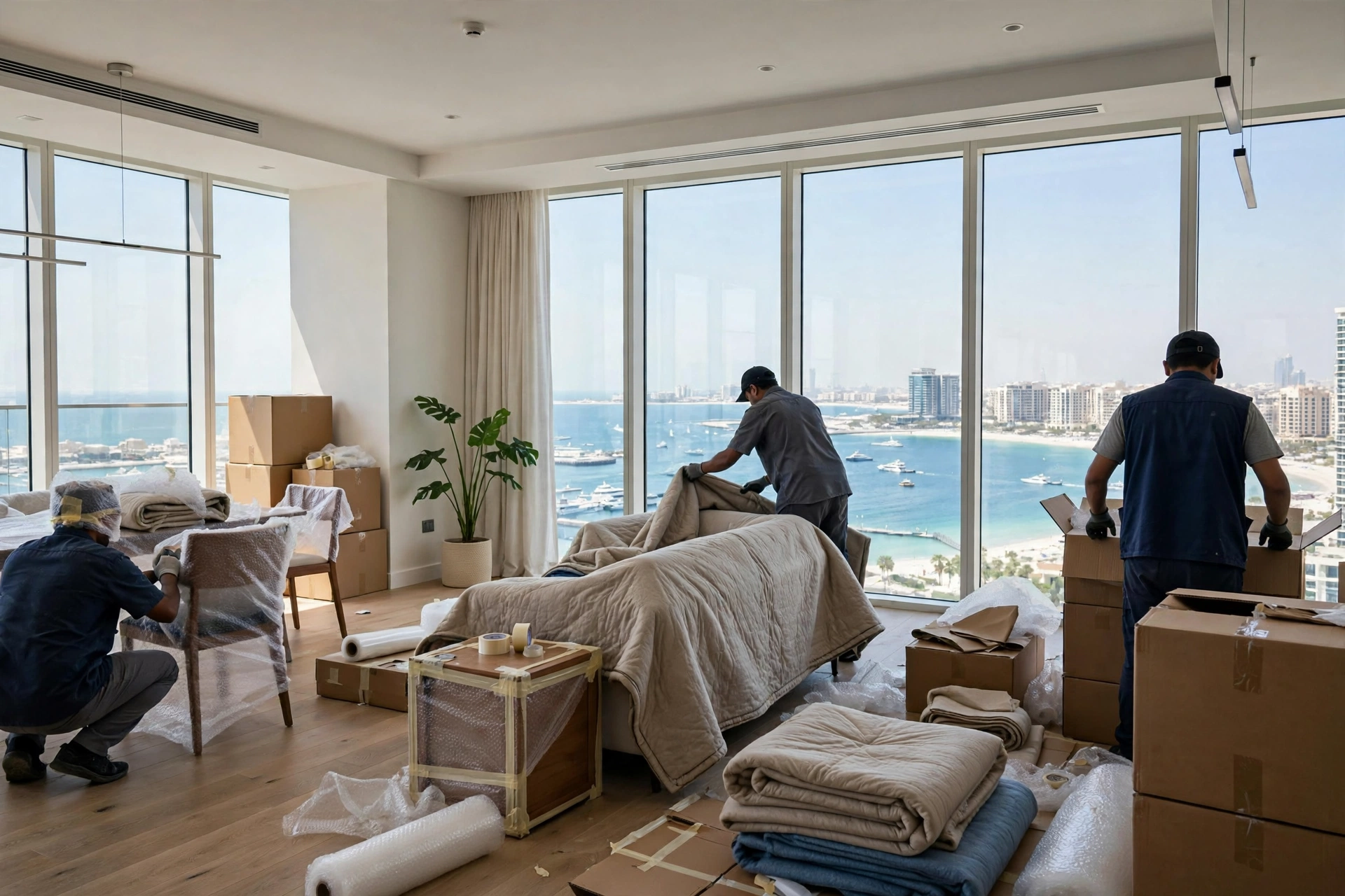 Movers wrapping a sofa inside a bright JBR apartment with a sea view over the Dubai coast