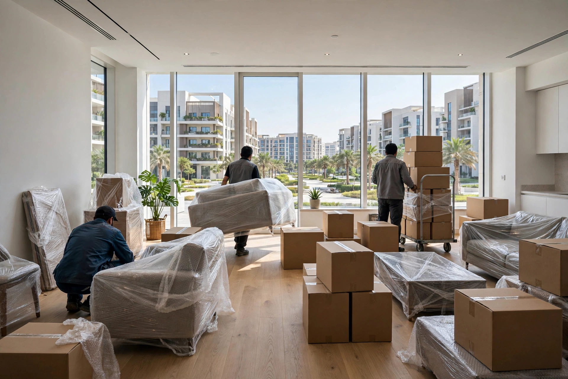 Movers setting down wrapped furniture inside a bright apartment living room in JVC, Dubai